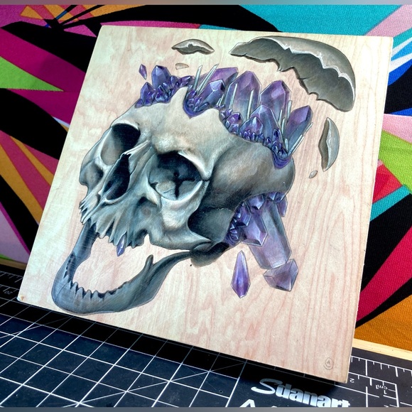 Artisan Wall Art Skull With Amethyst Crystals - Picture 8 of 10